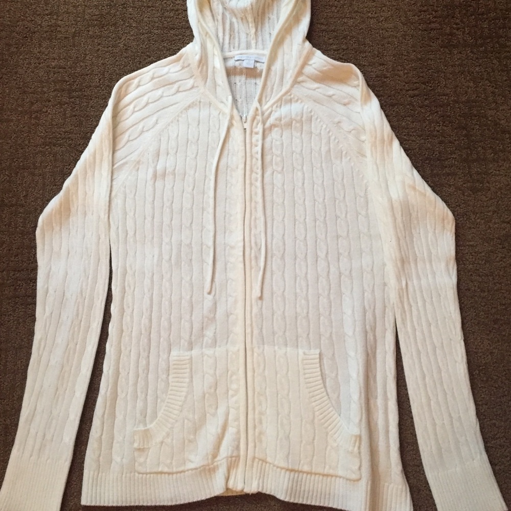 Zip up hooded cream colored sweater